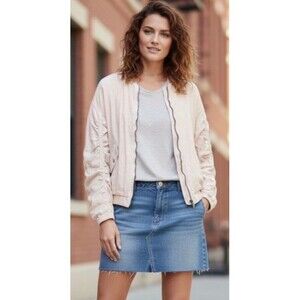 FREE PEOPLE Blush Pink Linen Oversized Ruched Back Sleeves Bomber Jacket Large